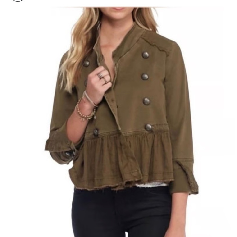 Free People Military Jacket Ruffle Hem Peplum‎ Double Breasted Scandi Girl Small